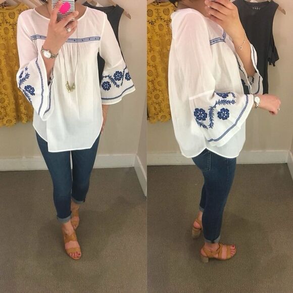 LOFT Tops - LOFT Valley White & Blue Floral Embroidered Bell Sleeve Blouse Top